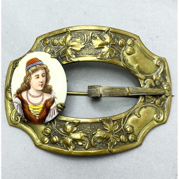 Antique Porcelain Portrait Sash Pin Brooch
